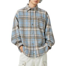 POHADON 가을 겨울 격자무늬 플란넬 셔츠 남성용 패션 레트로 버튼 다운 재킷 Y2k 트렌디 섀켓 한국 상의 블루. XXL 173996