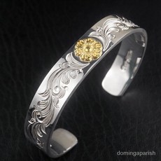 日本Blossom 18K金純銀平打手鐲，唐草圖騰，男女適用，手工製作, 純銀+琿金, 1個