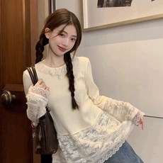 레이스 패치 긴팔 디자인 감각 봄가을 여성 톱 CL0210
