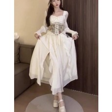 개화기 드레스 복고 체크 프랑스 빈티지 공주풍 레드 살구베이지 긴팔 원피스 S