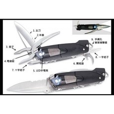 7合1多功能731工具刀 含LED燈手電筒、一字起子、十字起子、鉗子/老虎鉗、開瓶器、求生玻璃擊破器, 1個