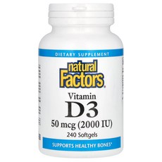 Natural Factors 팩터스 비타민 D3 50mcg 2 000IU 240 소프트젤 비타민D 보충제, 1개