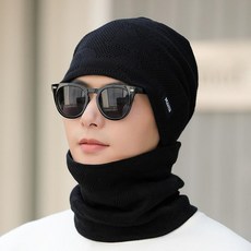 니트 방한모자 남녀공용 모자 보온 머플러 일체형 꽈배기, 1개, 37018-블랙