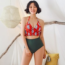 VERAF 花朵圖案綁帶泳衣+高腰素色泳褲