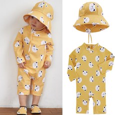 베어 노랑 돌 유아 아기 래쉬가드 수영복+모자 2종세트