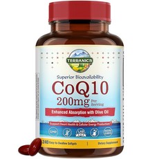 Terranics CoQ10 200mg 코엔자임 Q10 보충제 흡수 향상을 위한 엑스트라 버진 올리브 오일 함유 미국산 심장 건강 지원 항산화 보호 에너지 생산 G, 240 Count (Pack of 1), 240