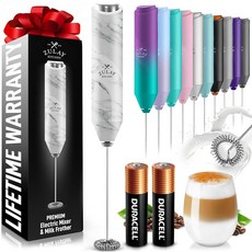 Zulay Kitchen 강력한 우유 거품기 AA 배터리 포함 - 커피 단백질 말차 등을 위한 스테인리스 스틸 거품기 교반기가 있는 초고속 핸드헬드 음료 믹서 거품기 완드, 화이트 마블