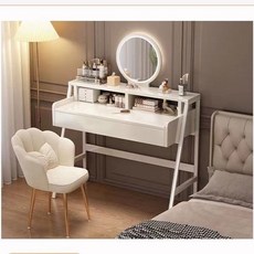 艾兜家居 免安裝歐式化妝台 化妝桌 梳妝台 梳妝桌 收納櫃 北歐實木書桌, 暖白色,60cm單抽桌+LED鏡+送花瓣椅