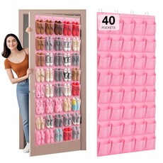 40개의 대형 메시 포켓 오버 더 도어 신발 오거나이저 도어용 걸이식 신발장 Hualleko 신발 정리함 행거 대용량 신발 보관 홀더 튼튼한 부직포 원단 - 20쌍 보관, 핑크