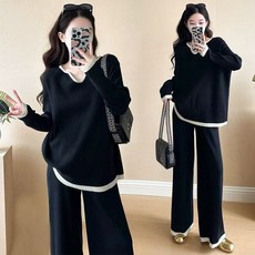 POMTOR 겨울 여성 루즈핏 캐주얼 시크 패션 긴팔 맨투맨 상의+롱 투피스 빅사이즈 브이넥 스타일 캔톤 나른한 스타일 슈트