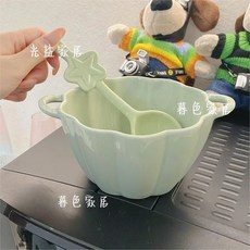 JEDU 臺灣出貨 奶fufu雙耳小南瓜陶瓷甜品碗 湯碗 早餐碗 飯碗 麵碗 家用高顔值餐具, 1個, 綠色 【星星勺+小南瓜】兩件套