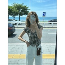 【超高CP值】短款修身美式復古風繫帶褶皺小飛袖襯衫女格紋露鎖骨收腰顯瘦上衣