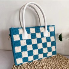 상덕 DIY 숄더 토트백 뜨개질 세트 체크보드 가방 취미 선물, 파란색, 1개