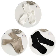 스카이콩콩3쌍 여성용면 양말 캐주얼 하라주쿠 레트로 솔리드 컬러 화이트 패션 크루 튜브 롱, 01 EUR35-40(US 5-8), 11 White Beige Black