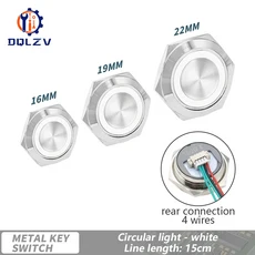 16/19/22mm 전선 포함 숏 스트로크 방수 금속 푸시 버튼 스위치 1NO 순간 자체 재설정 Led 조명 12-24V, 03 22MM, 08 White light, 01 12-24V