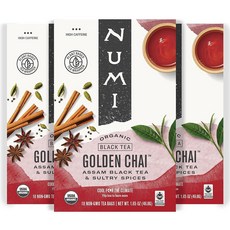 Numi 유기농 루이보스 차이 티 라떼 파우더 - 시나몬 카다멈 및 정향이 함유된 루이보스 차이 라떼 믹스 - 카페인 프리 비건 및 글루텐 프리 99.2g(3.5온스) (, 18개 (3팩), 골든 차이