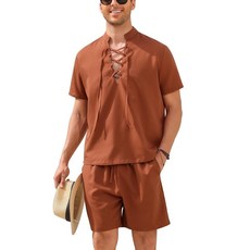OLEMEK 남성용 투피스 여름 패션 반소매 레이스업 네크라인 셔츠 및 반바지 세트 해변 열대 휴가 세트 브라운. L