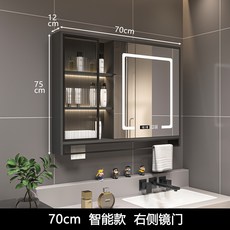 智能浴室鏡櫃，掛牆式衛生間鏡子，附收納儲物櫃，告別雜亂，提升浴室空間質感, 70CM鐵灰智能款【右鏡】長虹玻璃門 三
