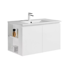 純白簡約壁掛式浴室櫃 開放層架收納 防水易潔 節省空間設計, 白色陶瓷盆+浴櫃(左側櫃), 1個