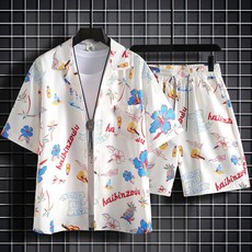 男夏季薄款寬鬆短袖碎花襯衫夏威夷情侶沙灘服套裝 冰絲短褲一整套