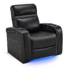 MCombo 파워 리클라이너 의자 가죽 조절 가능한 레스트가 있는 홈 시어터 좌석 USB 포트 LED 조명 및 팔걸이 수납 거실용 HTS400, Bla