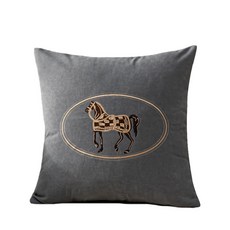 DIU 新款抱枕靠墊樣板房客廳沙發奢華靠枕辦公室牀頭刺繡工藝枕套, 駿馬-灰色