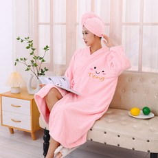 女士浴袍 珊瑚絨加厚浴衣 居家長袖浴裙 交叉綁帶設計 可穿式浴巾 吸水速乾幹發帽 #清新粉 #長袖綁帶浴袍90*140cm, 長袖綁帶浴袍90*140cm