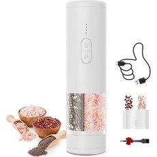 2 in 1 전기 소금 및 후추 그라인더 세트 USB 충전식 자동 밀 셰이커 배터리 디스플레이 LED 조명 조절 가능한 거칠기(블랙)로 주방 선물에 이상적입니다, White