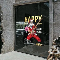 優選好物 聖誕節裝飾窗花老人樹窗貼音樂店鋪貼畫商場櫥窗靜電玻璃貼門貼紙, 撥弦聖誕-透明靜電膜,中