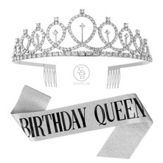 성인용 생일 티아라 공주 왕관 어깨띠 세트 생일파티용품, 1개, 티아라왕관 어깨띠세트(골드퀸)