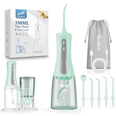 무선 충전식 물 치실 350ML 그린 보관 스탠드 포함 5가지 모드 360도 노즐 IPX7 방수 가정용, Green, 초록색.