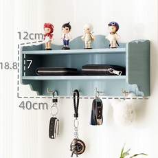 鑰匙收納盒 實木壁掛門口鑰匙 收納盒 墻上掛墻路由 置物架 WiFi掛架客廳入戶玄關, 1個, 鬆木實木迷霧藍色免組裝加長雙層, 鬆木實木迷霧藍色免組裝加長雙層