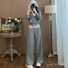 BUBD 針織套裝 秋冬新款休閒運動套裝女 連帽蕾絲拼接顯瘦減齡兩件套