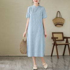 ORZQU 여름 린넨 원피스 개량한복 면마 생활한복 반팔 롱 원피스