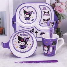 卡通庫洛米兒童餐具可愛家用耐摔防燙分格餐盤喫飯碗勺杯筷盤, 把手碗+新款分格盤+手柄杯+勺+筷, 1個