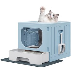 이타홈 뚜껑이 있는 대형 밀폐형 고양이 화장실 후드 무취 고양이 화장실 깔때기 스쿱 고양이 셀프 그루머 탈취 필터 전면 입구 상단 출구 문 설치 및 청소가 간편합니다 (회색), Blue, Matted Square, 블루