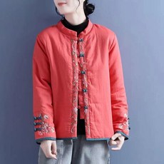 ORZQU 여성 겨울 자수 단추 하이넥 개량 한복 패딩 루즈핏 보온 도톰 코트