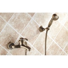 林希商行 復古工業風全銅雙出水花灑蓮蓬頭組 壁掛式浴缸淋浴設備, 1個, 古銅色 小手噴