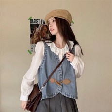 TKX 여성 데님 베스트 봄 가을 레트로 스타일 패션 귀여운 라운드넥 복고풍 상의