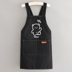 귀여운 곰돌이 프린트 포켓 앞치마 어린이 성인용 면 소재, 블랙, 1개