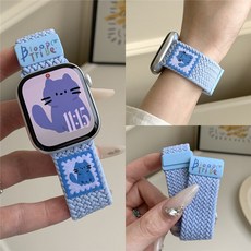 여성용 애플워치 마그네틱 메쉬 나일론 스트랩 | 강아지 자수 디자인 | 도파민 컬러 | 40mm 44mm 45mm 호환, 38/40/41/42mm(Series 10), 블루고양이