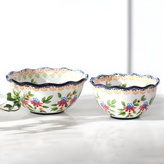 프라카 폴란드풍 도자기 프릴공기 대접 세트, 씨플라워, 공기 + 대접, 1세트