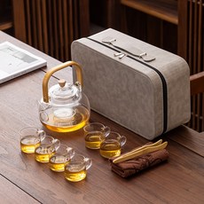 錦溢 玻璃提梁壺茶具套裝 功夫茶具組 戶外便攜收納, 1個, 透明提梁壺（1000Ml）套裝+（白色便攜包）