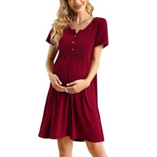 KOJOOIN 여성용 임산부 드레스 반소매 미디 여름 수유 캐주얼 단색 버튼 다운 모유 의류 버건디 S 231767