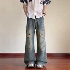 2026春夏美式高街破洞牛仔褲男款闊腿褲明線拼接設計薄款顯瘦百搭