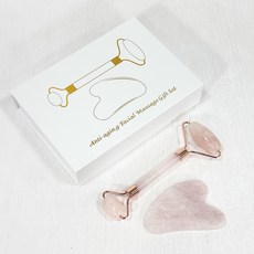 御古齋 粉水晶玉石滾輪按摩棒刮痧片組 面部眼部兩用 附精美收納盒, 1個, 款六 粉晶滾輪按摩棒+刮痧片(附盒)