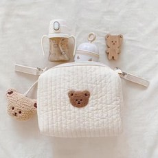 新款拉鍊刺繡小熊純棉媽咪包嬰兒手推車掛包尿布包出行便攜收納包, 1個, 米白:1個