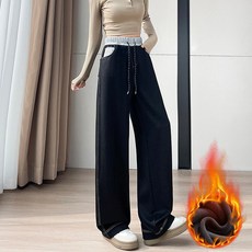 Zebeer 여성 기모 일자 와이드 팬츠 밴딩 청바지