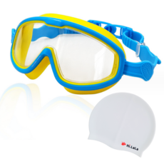 하이라라 어린이 와이드 빅렌즈 물안경 수경 + 수영모 세트, 레이크블루+옐로우, 1개