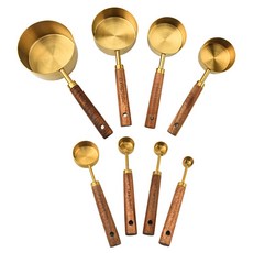 DFMEI 鍍金不鏽鋼量杯量勺廚房烘焙工具相思木手柄量匙計量工具八件套, 1個, 相思木鍍金量杯量勺8件套#袋裝:如圖